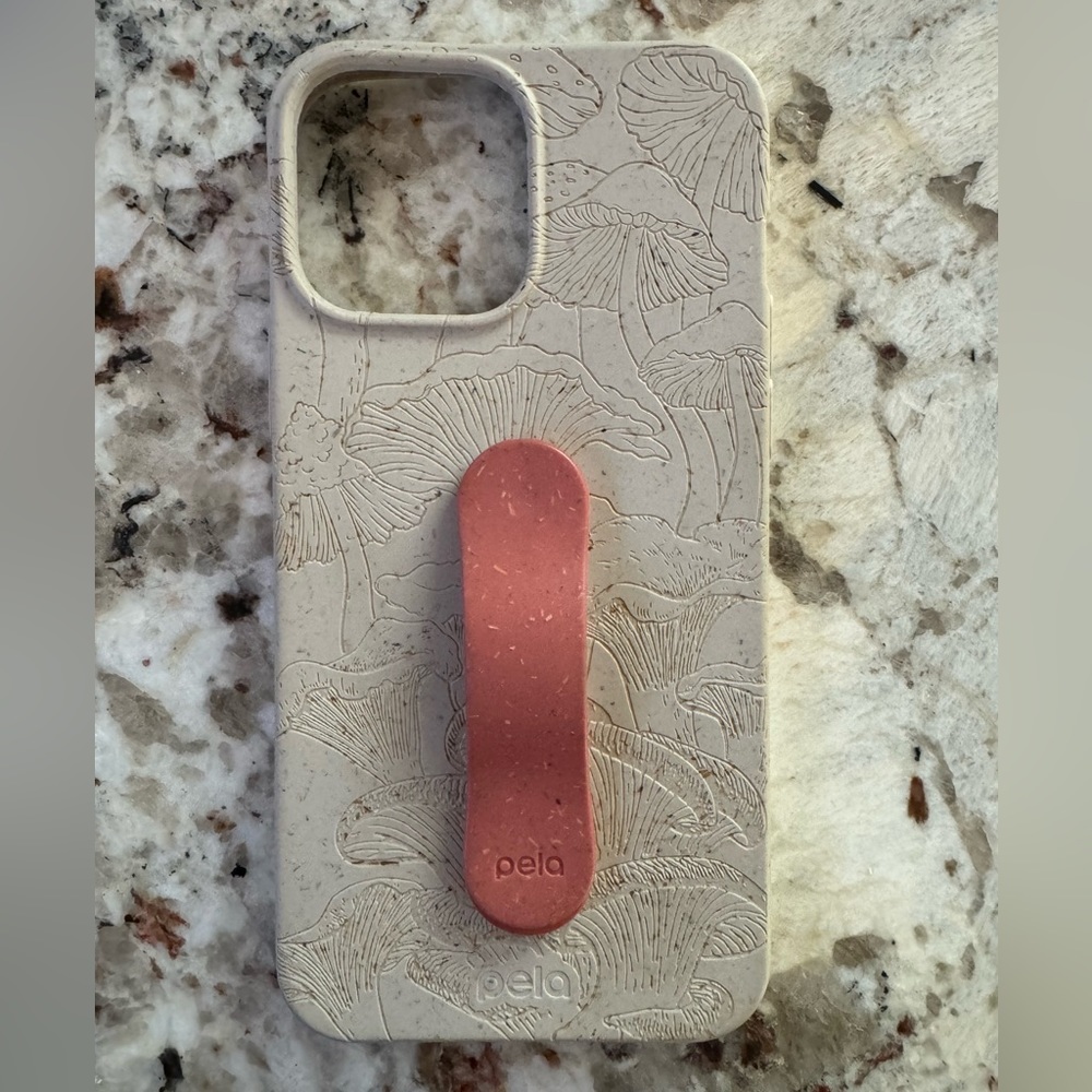 Like new mushroom engraved Pela Case with Pela Grip attached— iPhone 13 Pro Max